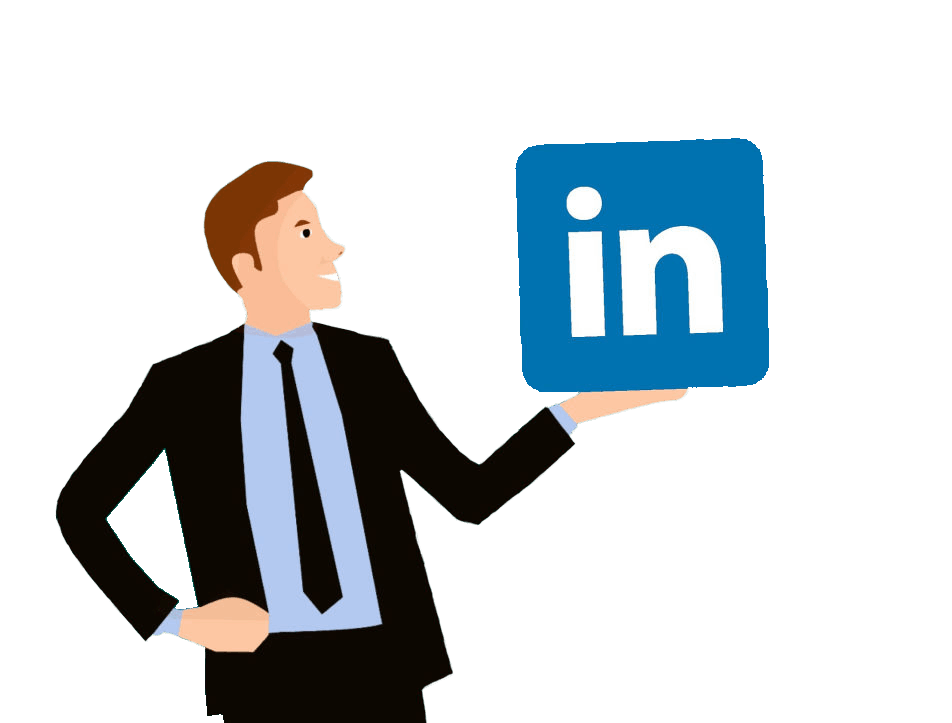 Cartoon van een mannetje die het LinkedIn logo vasthoudt